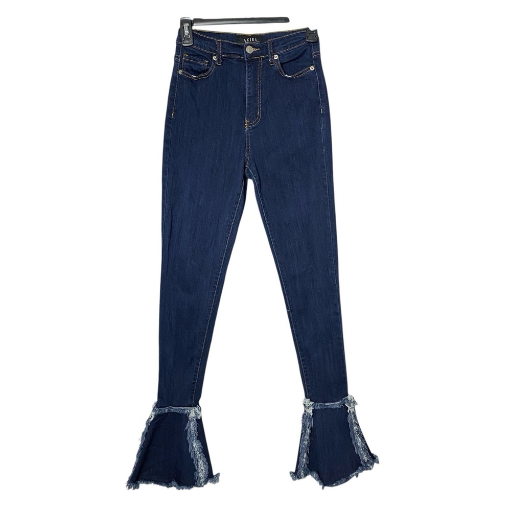 Akira Women's Size 3 (W25) Blue Flared‎ Frayed Bell Bottom Jeans Dark Wash